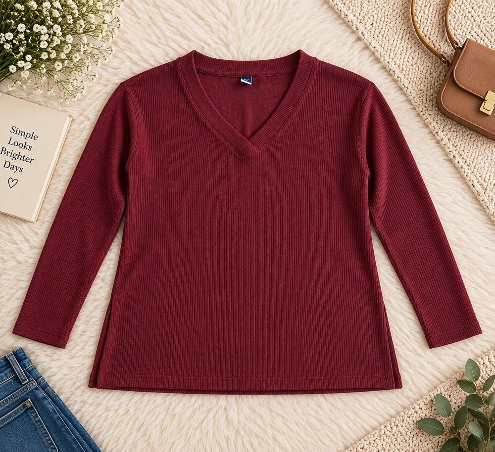 Old Navy Women’s Small Burgundy Plush Ribbed V-Neck Long Sleeve Top
